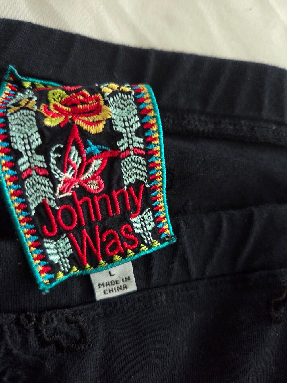 JOHNNY WAS Black Embroidered Pants Size L Bohemian Floral Eyelet Leggings